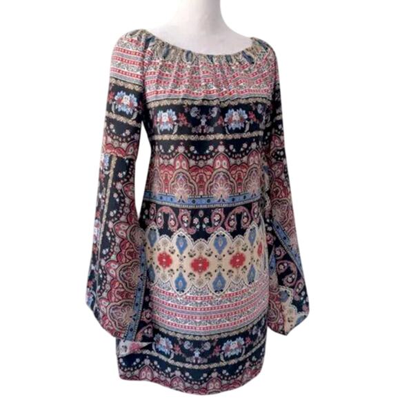 Y2K Boho Dress Colorful Paisley Mini Bell sleeves sz S USA Gypsy Shift - Picture 1 of 6